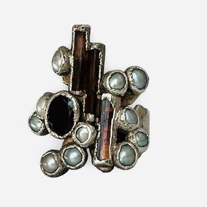 Vintage C + R 99% Pure Silver Pink Tourmaline Pearl Garnet Ring Size 6